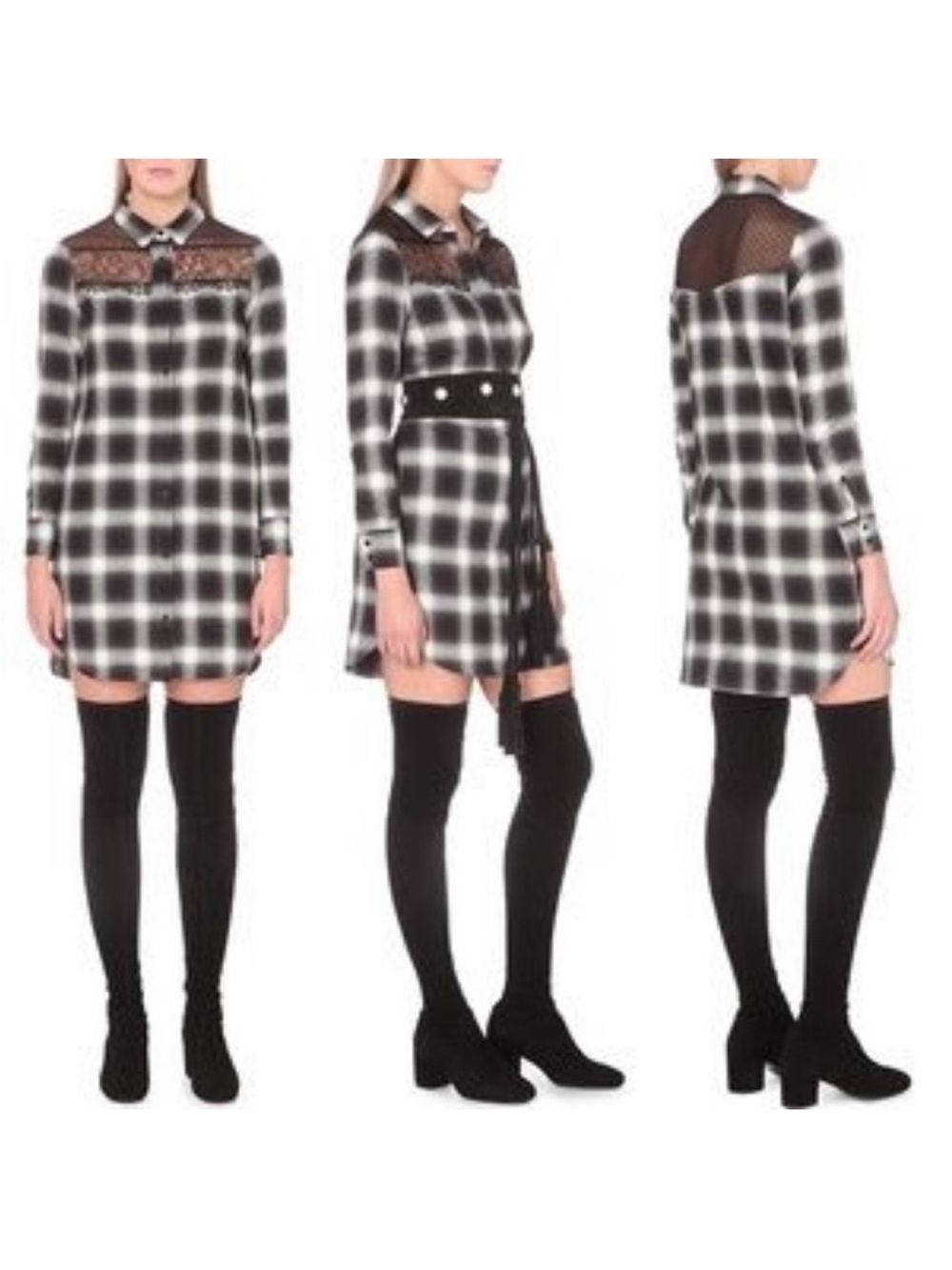 Maje Raja Plaid Lace Yoke Flannel Long Sleeve Shirt Dress Black White - Size 1